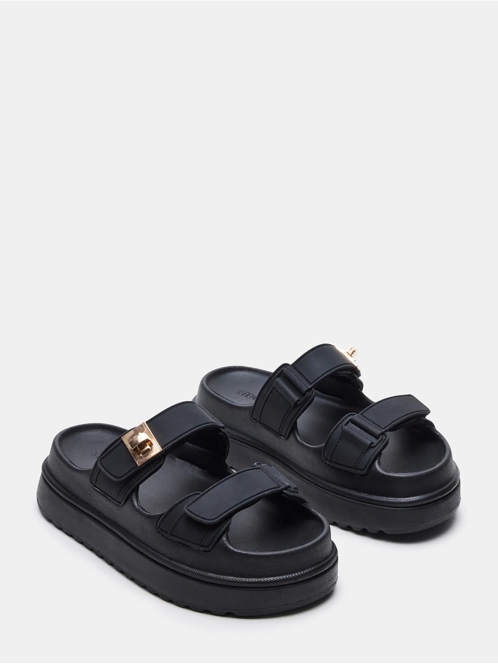Adult Black Platform Slide Sandals with Gold Accent (Steve Madden)
